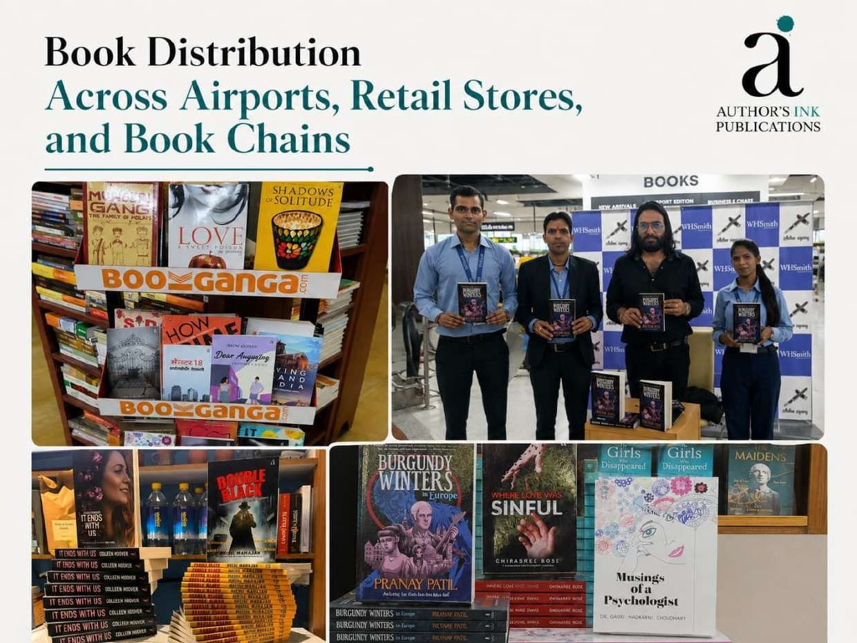 Author's Ink titles on display at WHSmith airport stores, BookGanga and retail bookstore chains across India