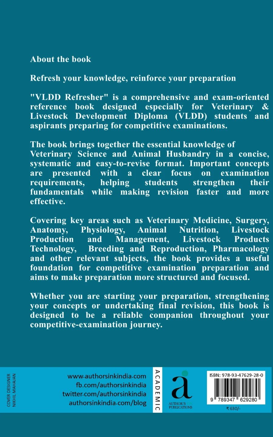 Back cover of VLDD Refresher, with the description of the book, the ISBN and the printed price